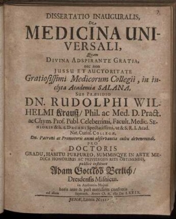 Dissertatio Inauguralis, De Medicina Universali