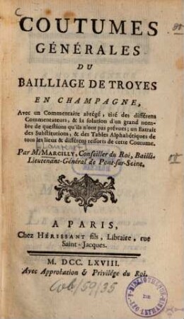 Coutumes générales du bailliage de Troyes en Champagne