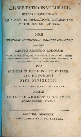 Diss. inaug. sistens disquisitionem, quaenam in operatione cataractae methodus sit optima