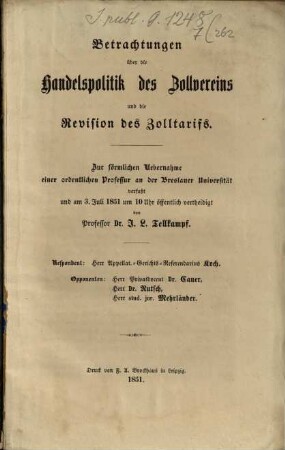 Betrachtungen über die Handelspolitik des Zollvereins und die Revision des Zolltarifs