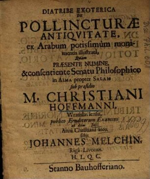 Diatribe Exoterica De Pollincturae Antiqvitate, ex Arabum potissimùm monimentis illustratâ