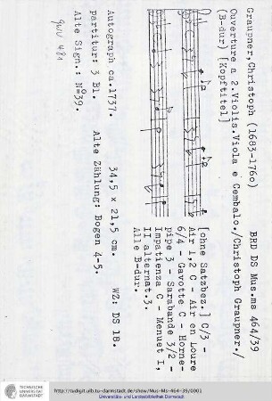Ouverture a 2. Violin. Viola e Cembalo. / Christoph Graupner.