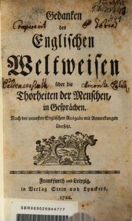 Gedanken des Englischen Weltweisen über die Thorheiten der Menschen, in Gesprächen