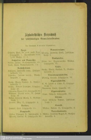Berufsklassen und Gewerbebetriebe : Alphabetisches Verzeichniß der selbstständigen Gewerbetreibenden
