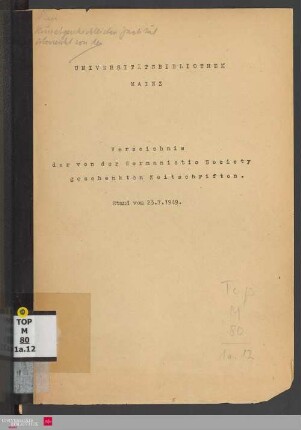 Verzeichnis der von der Germanistic Society geschenkten Zeitschriften