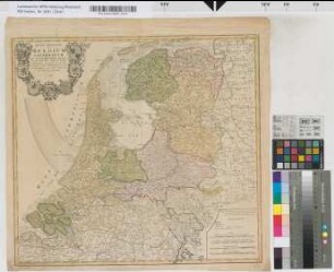 Niederlande, Territorien der 7 Provinzen: Septem Provinciae seu Belgium foederatum quod generaliter Hollandia audit, speciali mappa delineatum. adhibitis in auxilium observationibus astronomicis nec non mensurationibus Snellii, Muschenbrokii etc. Auctore Tobia Mayero, Soc. Geogr. Sodali. Edentibus Homannianis Heredibus. A. 1748