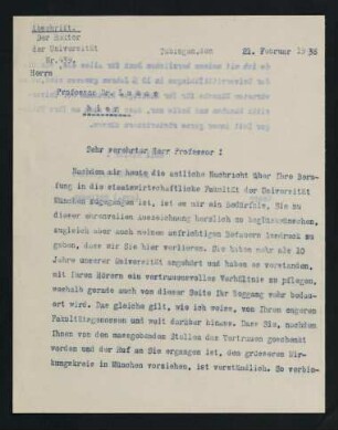 Rektor Universität Tübingen an Lukas. 21.2.1938