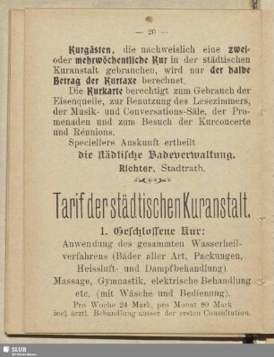 Tarif der städtischen Kuranstalt