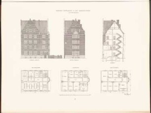 Gemeindeschule in der Dunckerstraße, Berlin: Grundriss EG, 1.OG, 2.u.3. OG, Ansicht, Seitenansicht, Querschnitt Lehrgebäude (aus: Neubauten der Stadt Berlin, Bd. I, 1902)