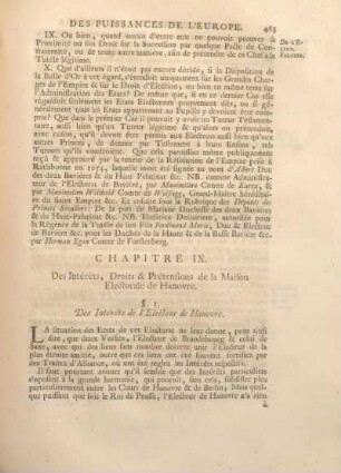 Chapitre IX. Des Intérets, Droits & Prétensions de la Maison Electorale de Hanovre.