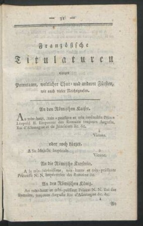 Französische Titulaturen einiger Potentaten, weltlicher Chur- und anderer Fürsten, wie auch vieler Reichsgrafen