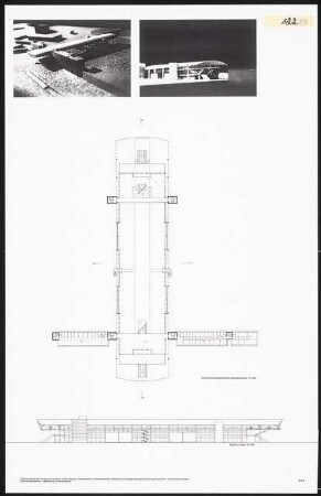Architektonisches Ausstellungskonzept für die ILA 1998 in Schönefeld. Haupteingangsbereich Schinkelwettbewerb 1997: Grundriss Zwischengeschoss und Ansicht von Osten 1:500