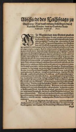 Abschiedt des Reichßtags zu Augspurg/ ... Anno 1518.