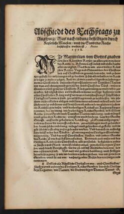 Abschiedt des Reichßtags zu Augspurg/ ... Anno 1518.