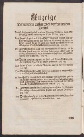 Anzeige Der in diesem Ersten Theil vorkommenden Capitel