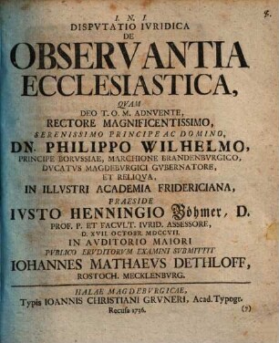 Dispvtatio Ivridica De Observantia Ecclesiastica