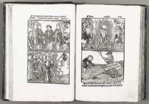 Doppelseite: Die Gefangennahme des Jan Hus. Der gefesselte Jan Hus. Jan Hus auf dem Scheiterhaufen. Die Asche des Jan Hus wird in den Rhein gekippt. : Columna-Meister: Die Gefangennahme des Jan Hus. Der gefesselte Jan Hus. Jan Hus auf dem Scheiterhaufen. Die Asche des Jan Hus wird in den Rhein gekippt. fol. 33v & fol. 34r. Holzschnitt, koloriert; 20 x 13 cm (Bildspiegel). Aus: Ulrich Reichenthalers Das Concilium so zu Constanz gehalten ist worden Des jars do man zalt von der geburth unsers erlösers M.CCCC.XIII. Jar ...Augsburg: Anton Sorg, 2. September 1483. SLUB Ink.60