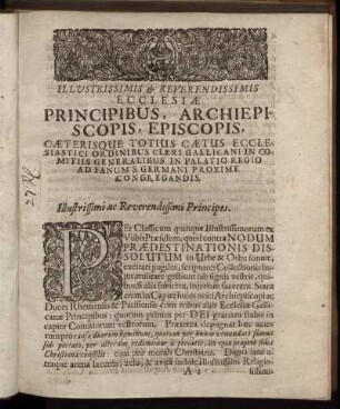 [Nuncupatio] Illustrissimis & Reverendissimis Ecclesiæ Principibus, Archiepiscopis, Episcopis [...]