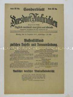 Nachrichtenblatt der Tageszeitung "Dresdner Nachrichten" zum Waffenstillstand an der Ostfront