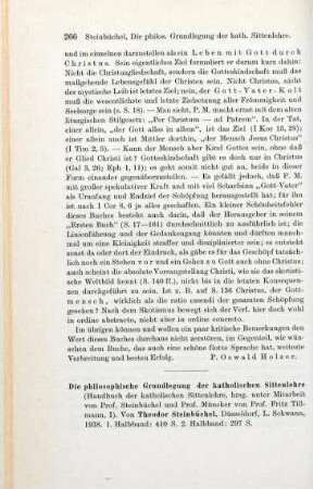 266-268 [Rezension] Steinbüchel, Theodor, Die philosophische Grundlegung der katholischen Sittenlehre