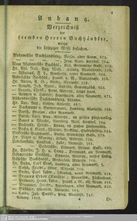 Verzeichniß der fremden Herren Buchhändler, welche die Leipziger Messen besuchen