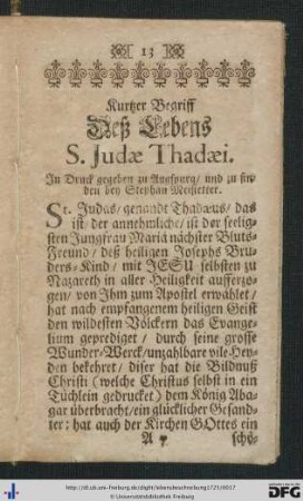 Kurtzer Begriff deß Lebens S. Judae Thadaei.