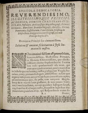 Reverendissimo, Illustrissimo Que Principi, Ac Domino, Domino Christianus Wilhelmo [...] Marchioni Brandenburgensi [...]