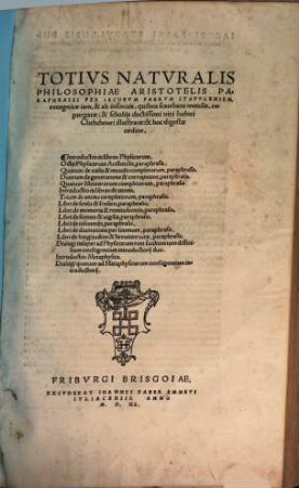 Totivs Natvralis Philosophiae Aristotelis Paraphrases