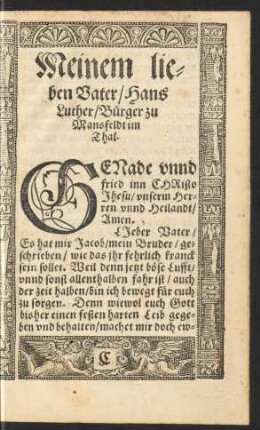 Meinem lieben Vater/ Hans Luther/ Bürger zu Mansfeldt im Thal.