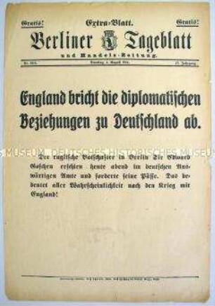 Extra-Blatt des "Berliner Tageblatt" zum Abbruch der diplomatischen Beziehungen durch Großbritannien