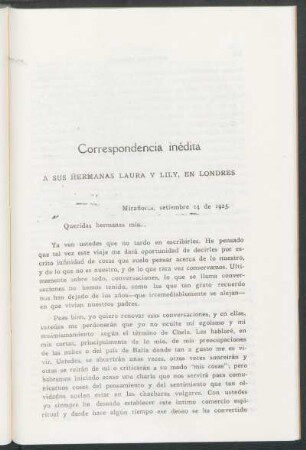 Correspondencia inédita : A sus hermanas Laura y Lily, en Londres