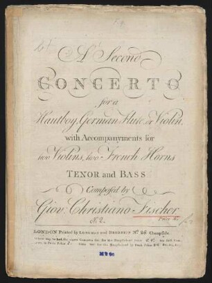 A second concerto, for a hautboy, German flute, or violin with accompanyments for two violins, two French horns, tenor, and bass