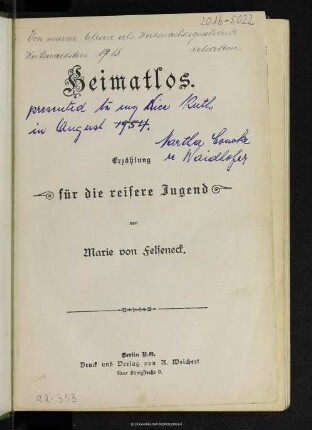Heimatlos : Erzählung für die reifere Jugend