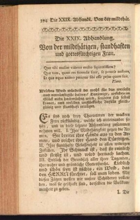 Die XXIX. Abhandlung. Von der mildthätigen, standhaften und gottesfürchtigen Frau