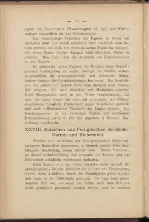 XXVIII. Aufziehen und Fertigmachen der Bilder. Karton und Klebemittel.