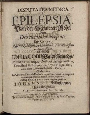 Disputatio Medica De Epilepsia, Von der Schweren Noht
