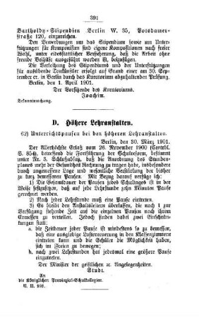 Unterrichtspausen bei den höheren Lehranstalten : [D. Höhere Lehranstalten]