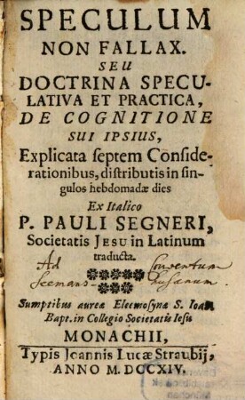 Speculum Non Fallax. Seu Doctrina Speculativa Et Practica De Cognitione Sui Ipsius : Explicata Septem Considerationibus, Distributis In Singulos Hebdomae Dies