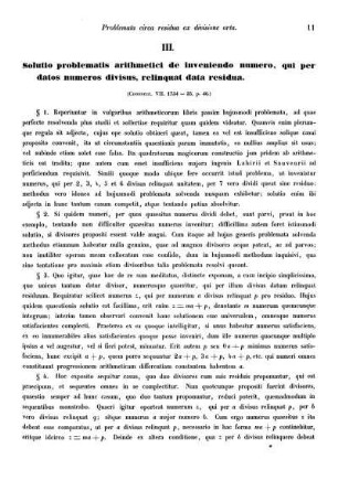 III. Solutio problematis arithmetici de inveniendo numero, qui per datos numeros divisus, relinquat data residua.