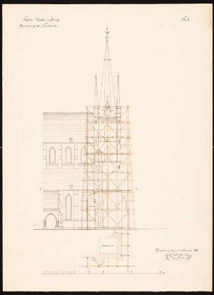 Evangelische Nikolaikirche, Brieg Restaurierung: Einrüstung der Nordseite Aufriss Schnitt a - b, Maßstabsleiste