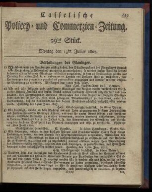 29tes Stück. Montag, den 13ten Julius 1807