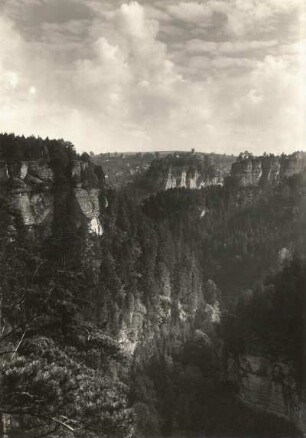 Burg Hohnstein über das Polenztal gesehen. Blick vom Ziegenrücken von Südosten