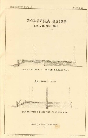 Plate S. Toluvila ruins. Building No. 2. Plan. Side elevation & section through A. B. E. Building No. 11. Side elevation & section through A. B. C.