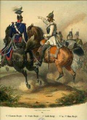 Uniformdarstellung, Offiziere des 1. Ulanen-Regiments und des 4. Kürassier-Regiments zu Pferd, Artillerist der 5. Artillerie-Brigade, Trompeter des 2. Husaren-Regiments und Husar des 7. Husaren-Regiments zu Pferd, Preußen 1843/1845. Aus: Sachse: Das Preussische Heer. Tafel 28.