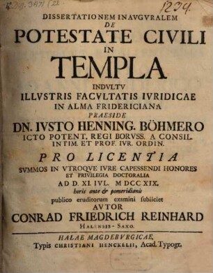 Dissertatio Inavgvralem De Potestate Civili In Templa