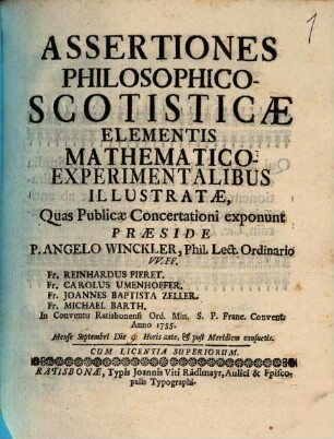 Assertiones philosophico-scotisticae elementis mathematico-experimentalibus illustratae