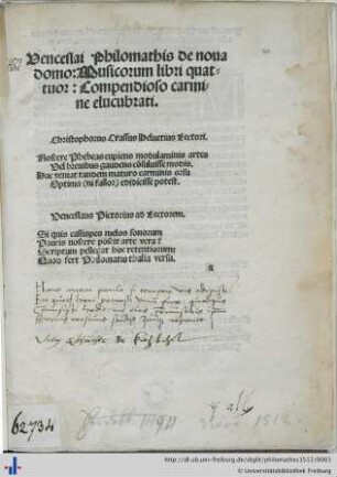 Venceslai Philomathis de noua domo: Musicorum libri quattuor: Compendioso carmine elucubrati. ...