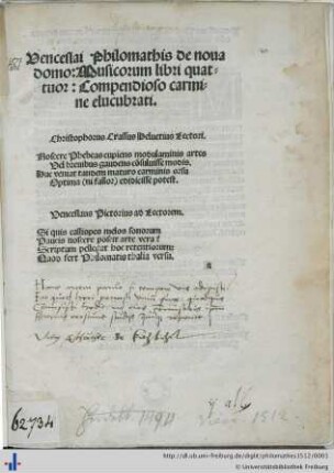 Venceslai Philomathis de noua domo: Musicorum libri quattuor: Compendioso carmine elucubrati. ...
