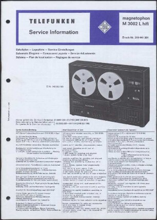 Bedienungsanleitung: Telefunken Service Information magnetophon M 3002 L hifi