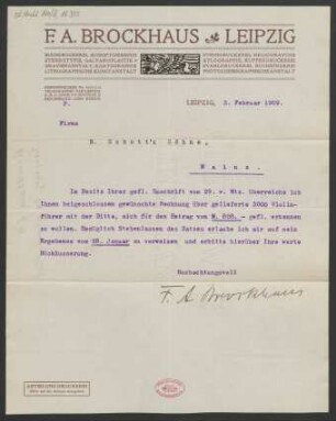Brief an B. Schott's Söhne : 03.02.1909